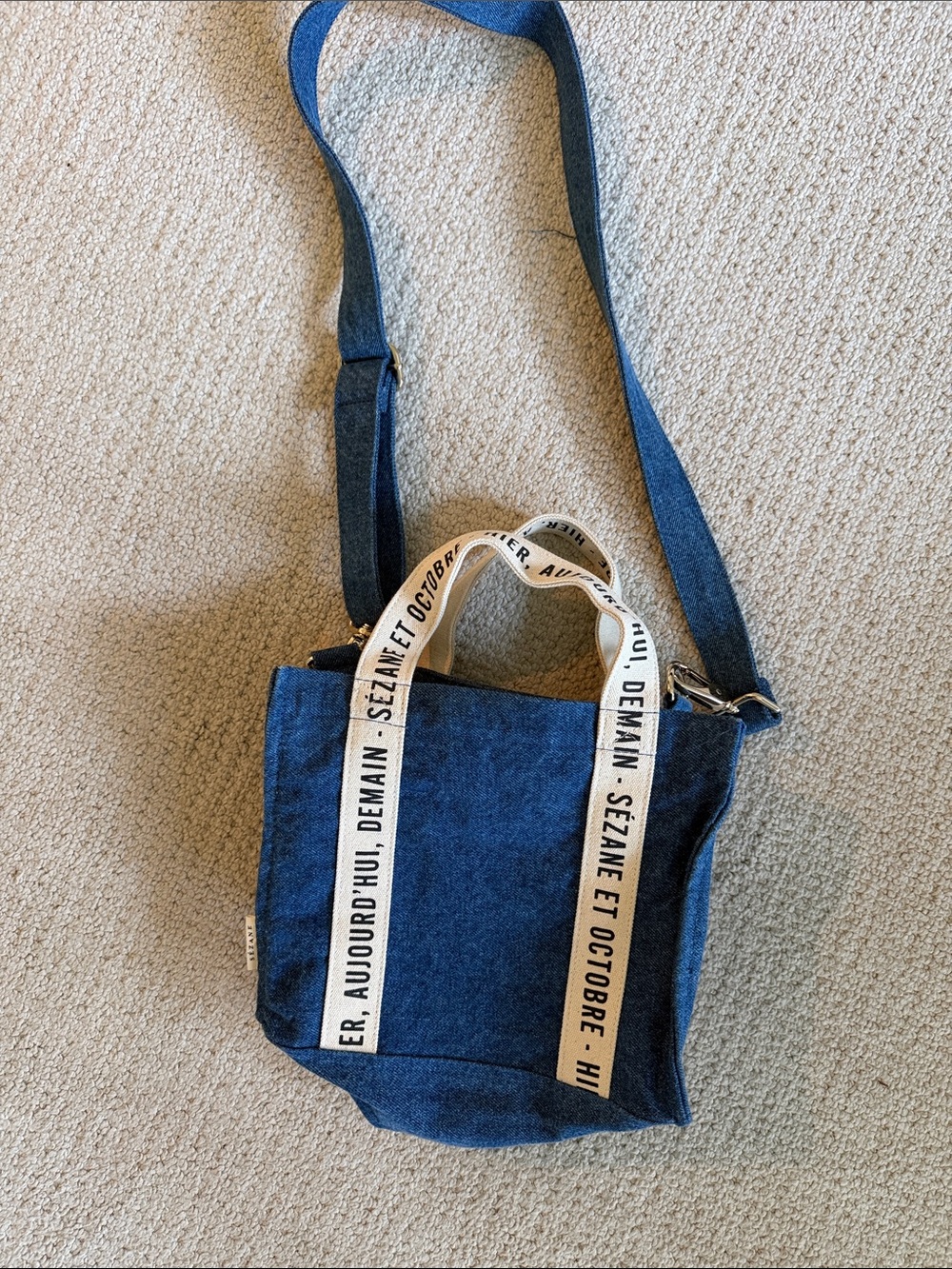 Sezane Denim Blue Canvas Crossbody Bag with Branded Cream Handles